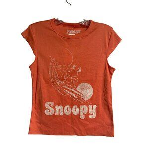 Peanuts Snoopy Graphic TShirt Womens Medium Orange Cap Sleeve Surfer Snoopy